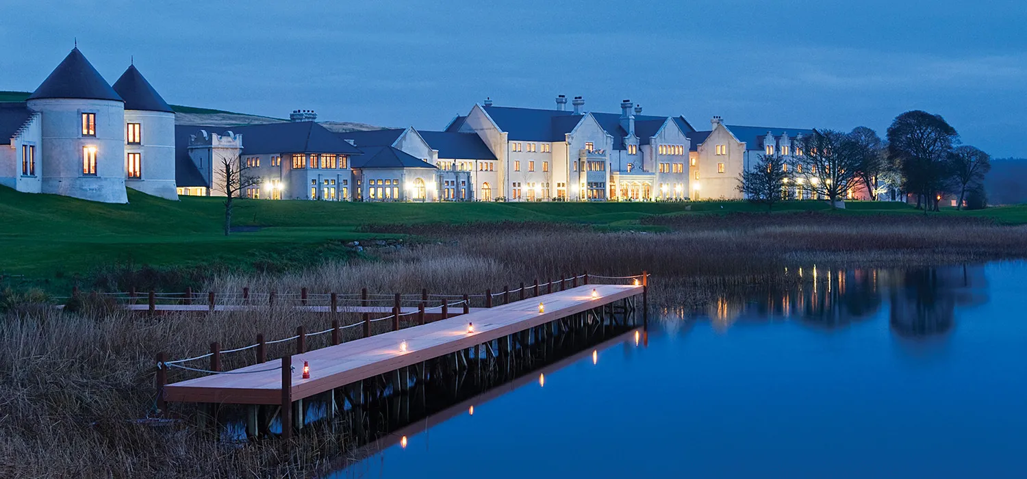 Lough Erne Hotel and jetty at dusk